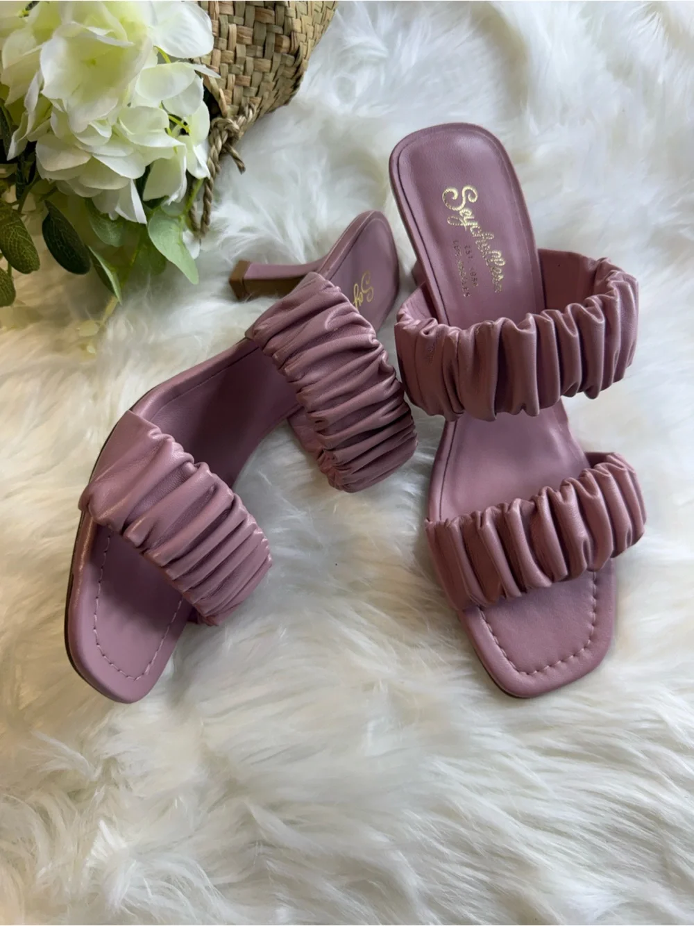 Seychelles Ruched Double-Strap Slide Sandals in Mauve